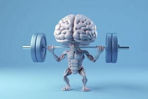 Human brain lifting weights. 3D brain lifting a heavy dumbbell. Mind training, memory health, Alzheimer's prevention, brain training, education, study and menthal health concept. AI generated photo