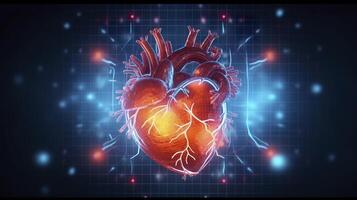Human heart with cardiogram for medical heart health care background, AI Generative photo