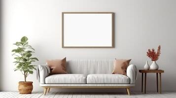 Modern cozy mock up and decoration furniture of living room and empty canvas frame on the white wall texture background, 3D rendering. AI Generative photo