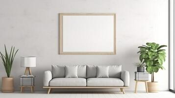 Modern cozy mock up and decoration furniture of living room and empty canvas frame on the white wall texture background, 3D rendering. AI Generative photo