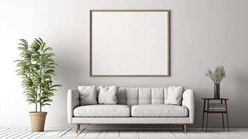 Modern cozy mock up and decoration furniture of living room and empty canvas frame on the white wall texture background, 3D rendering. AI Generative photo