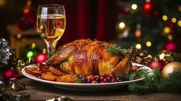 Juicy and tasty roast turkey on a plate with Christmas decorations. Roasted chicken with vegetables, Roast chicken party, all kinds of food, beer. AI Generative photo