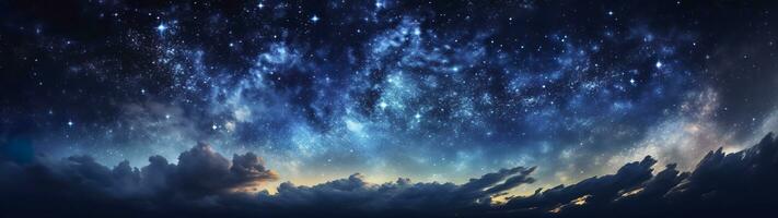 Panorama dark blue night sky, milky way and stars on dark background, Universe filled with stars, nebula and galaxy,  AI Generative photo