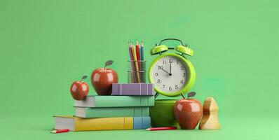 popular Arte ilustración de colegio accesorios con manzanas, libros, y un alarma reloj en el colegio antecedentes. espalda a colegio concepto. 3d representación, ai generativo foto