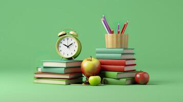 Pop art illustration of School accessories with apples, books, and an alarm clock on the School background. Back to school concept. 3D Rendering, AI Generative photo