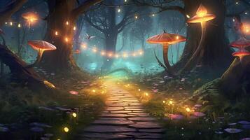 Fantasy fairy tale background with forest and blooming path. Fabulous fairytale outdoor garden and moonlight background. AI Generative photo