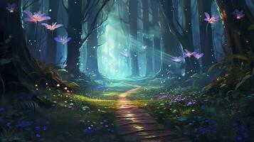 Fantasy fairy tale background with forest and blooming path. Fabulous fairytale outdoor garden and moonlight background. AI Generative photo