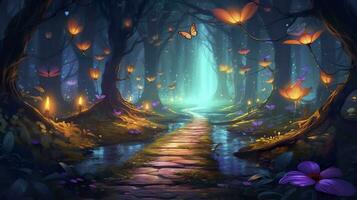 Fantasy fairy tale background with forest and blooming path. Fabulous fairytale outdoor garden and moonlight background. AI Generative photo