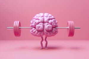 Human brain lifting weights. 3D brain lifting a heavy dumbbell. Mind training, memory health, Alzheimer's prevention, brain training, education, study and menthal health concept. AI generated photo