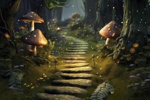 background fairy wood with a single path, zoom on a small portion of the path and add trees, moss, fireflies and mushrooms as additional decorations. AI Generative photo