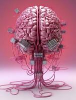 Big pink human brain with many audio jack cables plugged in this barin, 3d render, AI Generative photo