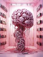 Big pink human brain with many audio jack cables plugged in this barin, 3d render, AI Generative photo