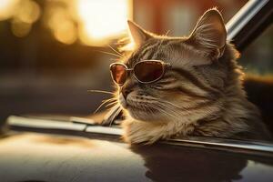 Capture a dreamy reflection by photographing a cat wearing sunglasses with a vintage Leica M6, highlighting the texture and contrast of an old timer car. AI Generative photo