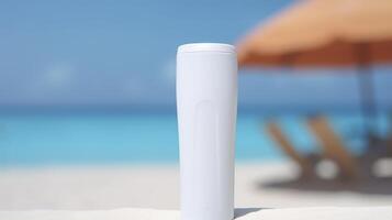 Blank empty white plastic tube. Sunscreen lotion on a sandy beach, summer composition with sunglasses, blue sea as background, copy space. Summer vacation and skin care concept, AI Generative photo