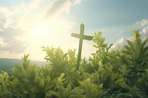 The cross of God with green Leaf, in the rays of the sun and blue sky. Cross on the hill with green trees and graeen natural view. Religious concept, AI Generative photo