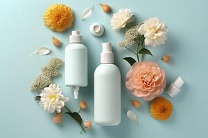 Fresh floral skincare concept. Top view flat lay of pump bottle, pipette, cream bottles, and tubes with flowers on pastel blue background with an empty circle for text or branding. AI Generative photo