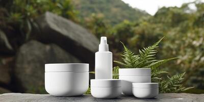 blanco blanco productos cosméticos Bosquejo con natural tema antecedentes. ai generativo foto