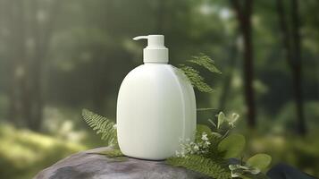 natural cosmetic product presentation backstage. outdoors forest placement. white blank jar shampoo bottle. 3d. AI Generative photo