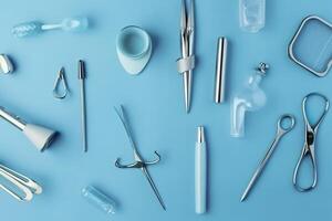 top view on various medical equipment, light blue background, copy space, AI Generative photo