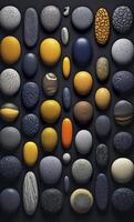 Some colorful stones are displayed, dark navy and yellow, AI Generative photo