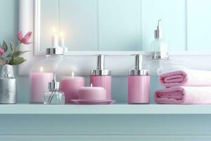 A pastel bathroom shelf with pink skincare products, copy space, banner, pink and pastel blue bright palette, barbiecore. AI Generative photo