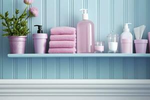 A pastel bathroom shelf with pink skincare products, copy space, banner, pink and pastel blue bright palette, barbiecore. AI Generative photo