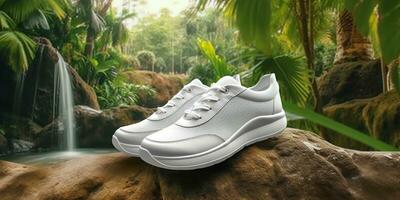 White Blank Sports shoes Mockup with natural theme background. AI Generative photo