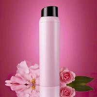 Amazon Product Picture Body Wash, Cylinder Bottle Solid Color pink background, with roses, AI Generative photo