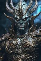 The god nemesis with blue eyes standing in front, dark bronze and light azure, AI Generative photo