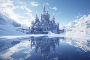 A Snowy Wonderland, A 3D Rendering of Elsa Castle in a Blue Snowy Mountain Background. AI Generative photo