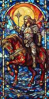 A Knight in Shining Armor. An Illustration of a Mythical Ancient Paladin in Stained Glass Renaissance Fresco Style. AI Generative photo