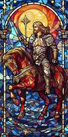 A Knight in Shining Armor. An Illustration of a Mythical Ancient Paladin in Stained Glass Renaissance Fresco Style. AI Generative photo