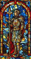 A Knight in Shining Armor. An Illustration of a Mythical Ancient Paladin in Stained Glass Renaissance Fresco Style. AI Generative photo