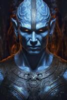 The god nemesis with blue eyes standing in front, dark bronze and light azure, AI Generative photo