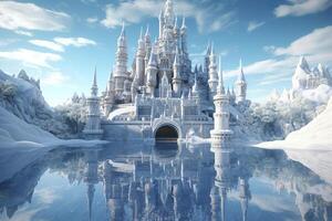 A Snowy Wonderland, A 3D Rendering of Elsa Castle in a Blue Snowy Mountain Background. AI Generative photo