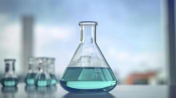 A Science Beaker in the laboratory on a table white and light blue background. laboratory equipment out of focus. AI Generative photo