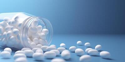 White pills from plastic medicine bottles on blue background with copy space. Medicine and health concept. 3d rendering. AI Generative photo