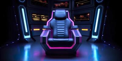 80s Inspired Captain Chair from Star Trek with Neon Lights and Cockpit Interior Background. AI Generative photo