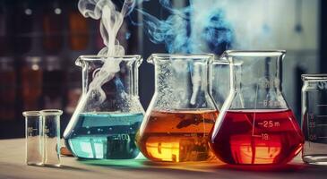 chemistry experiment with Laboratory flasks. AI Generative photo