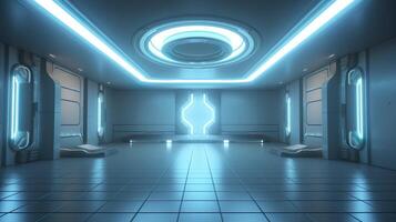 Empty Wall in a Futuristic Sci Fi Living Room with Light Yellow, Light Cyan, and Light Blue Neon. AI Generative photo