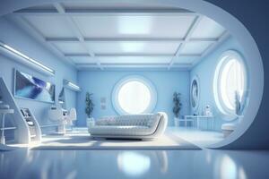 A professional and eye catching light blue with white living room in the metaverse, futuristic, AI Generative photo