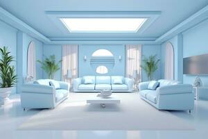 A professional and eye catching light blue with white living room in the metaverse, futuristic, AI Generative photo