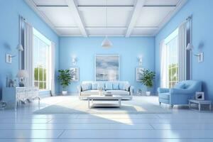 A professional and eye catching light blue with white living room in the metaverse, futuristic, AI Generative photo