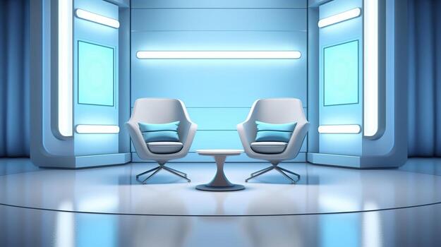 The Future of Game Shows. A Simple, Modern Setting with Two Chairs and a Whole Lot of Fun. AI Generative photo