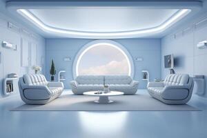 A professional and eye catching light blue with white living room in the metaverse.  AI Generative photo