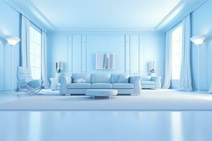 A professional and eye catching light blue with white living room in the metaverse.  AI Generative photo