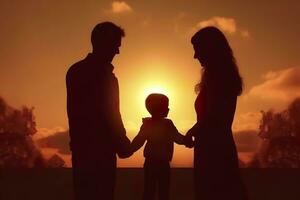 sombra de contento familia juntos, padres con su pequeño bebé a puesta de sol. un silueta de amor y unidad. ai generativo foto