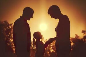 sombra de contento familia juntos, padres con su pequeño bebé a puesta de sol. un silueta de amor y unidad. ai generativo foto