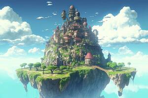 antiguo celestial flotante isla en el cielo con un castillo, vibrante, fantasía punk, ai generativo foto