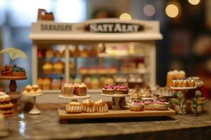 un gusto de dulzura. un popular mercado caja ciega pastel tienda con un limpiar antecedentes. ai generativo foto